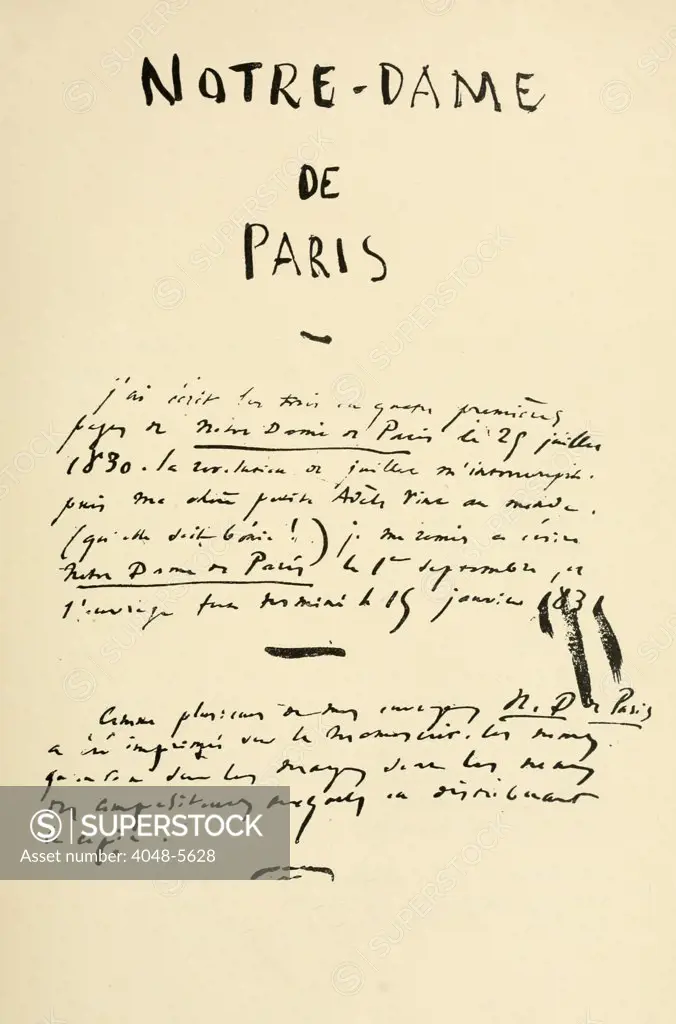 Notre-Dame de Paris, (aka The Hunchback of Notre-Dame) by Victor Hugo. Title of the original manuscript. 1829