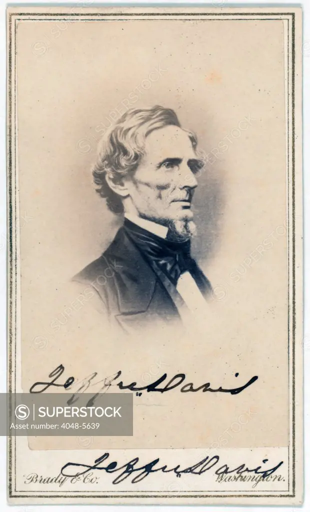 The Civil War. Jefferson Davis, president of the CSA, carte de visite signed by Davis. ca. 1862 - 1865. Mathhew Brady Studio