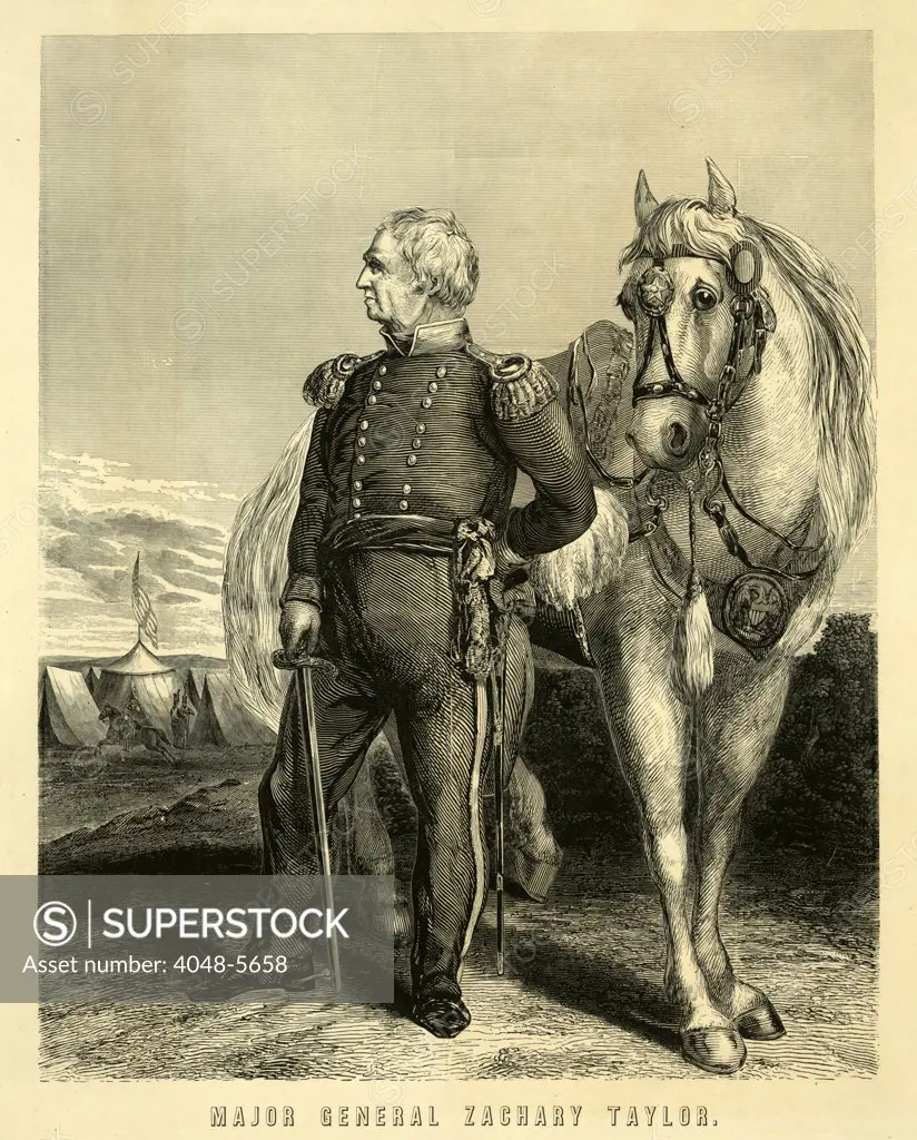 Zachary Taylor, ""rough & ready"". Major General of the Mexican-American War. woodcut ca. 1847.