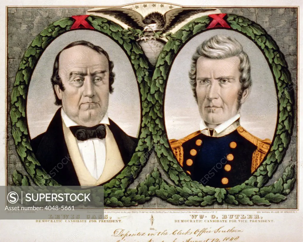 Lewis Cass. Color campaign banner for Democratic candidates Lewis Cass and William O. Butler. color lithograph ca. 1848