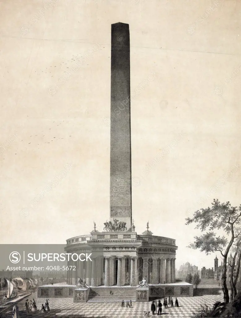 Washington Monument. Print showing the Washington Monument as designed by Robert Mills above a bust portrait of George Washington. Includes printed inscription: ""Earnestly recommended to the favor of our countrymen"" with signatures of Zachary Taylor, Millard Fillmore, John Quincy Adams, and others. ca 1846