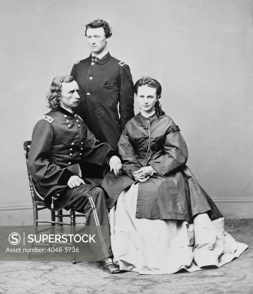 George Armstrong Custer, seated with his wife Elizabeth and his brother, Thomas W. Custer. Several movies have been based on his military exploits and death at the Battle of Little Bighorn. Errol Flynn played Custer in the 1941 movie, THEY DIED WITH THEIR BOOTS ON.