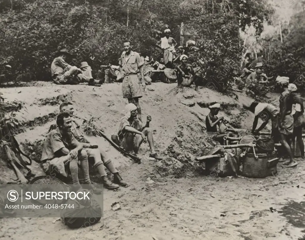 Chinese 5th and 6th armies under the command of American General Joseph 'Vinegar Joe' Stilwell, resting near the banks of Uyu river in the Burma jungle during their retreat India in the summer of 1942.