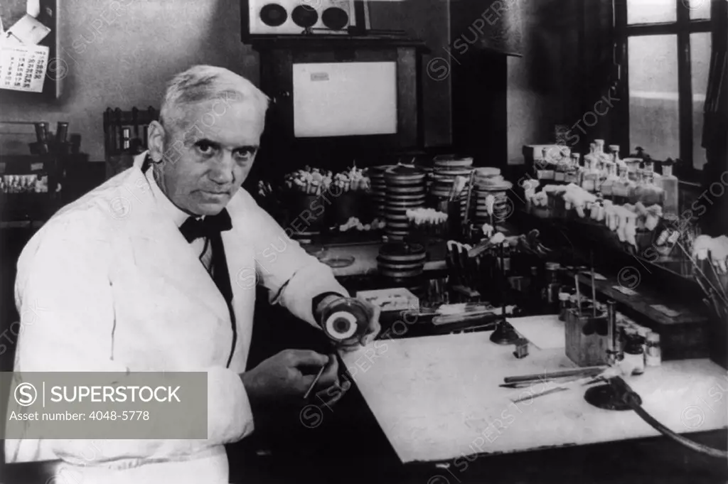 Dr. Alexander Fleming, (1903-1972), Scottish scientist best known for his discovery of the antibiotic substance penicillin. He shared the 1945 Nobel Prize with Howard Florey and Ernst Chain, who contributed to creating medical penicillin.