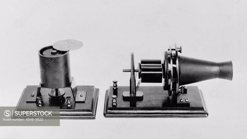 The first telephone developed and patented by Alexander Graham Bell in 1876. Replicas of the magnetic transmitter and receiver were exhibited at the Philadelphia Centennial Exposition, 1876