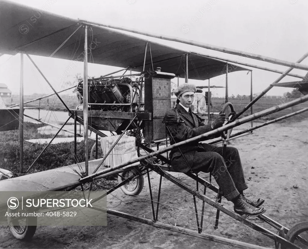 Glenn Martin (1886-1955), delivering newspapers in his airplane. He built his first airplane in 1909, and his first airplane factory in 1912 in Los Angeles, California. He successfully promoted his airplanes by stunt flying, and other attention getting gimmicks. Ca. 1911.