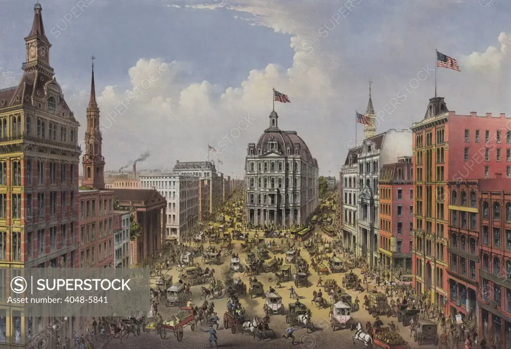 1875 view to the north of New York City's Broadway and Park Row, from the Financial District. In the center is the U.S. Post Office (now demolished and replaced with City Hall Park) and at left, the still standing, St. Paul's Chapel. Lithograph by Currier & Ives.