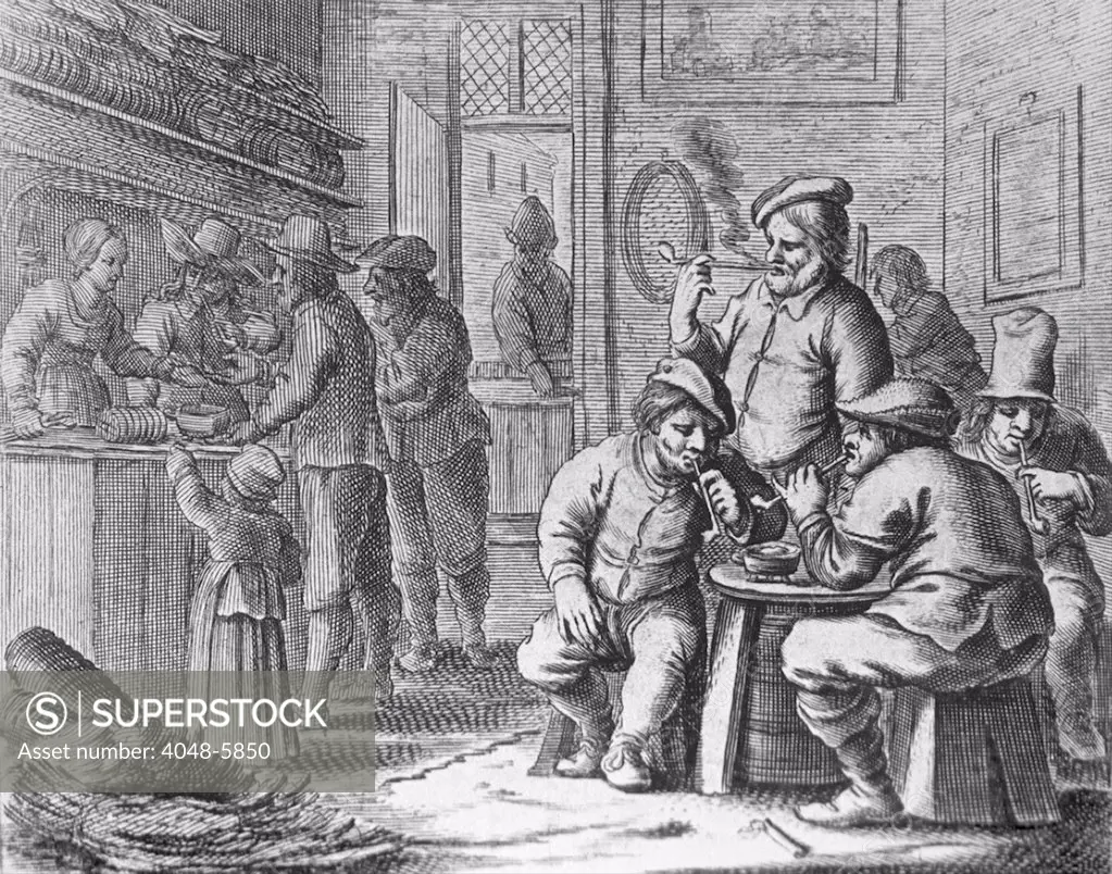 Dutch tobacco shop. Four men are gathered around a table smoking long-stemmed pipes; at left, two men with a child purchase tobacco at the shop counter. With European adoption of smoking, tobacco became the economic foundation of the British North American colonies in the 17th century.