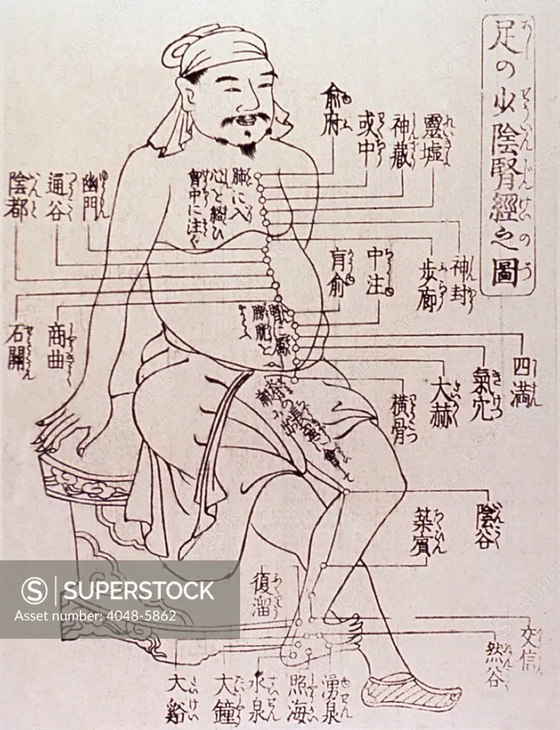Acupuncture points on the torso and leg of the human body. Acupuncture was based on the Chinese medical theory that stimulation by needles at specific points to restored healthy balance of the life force's flow along several channels (meridians). Wood engraving.