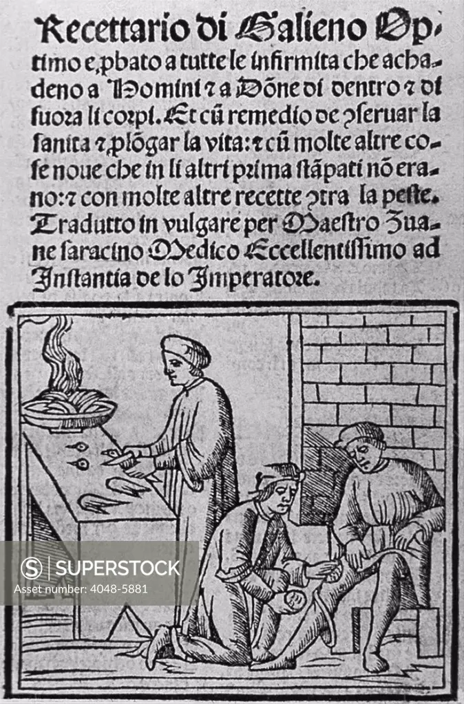The preparation and application of traditional medications from naturally occurring chemicals. In the foreground a man is treating another man for a leg injury; behind them another man is decapitating birds. Woodcut from a 1516 Italian medical text based on the works of the most famous Roman physician, Galen (130-200 AD).