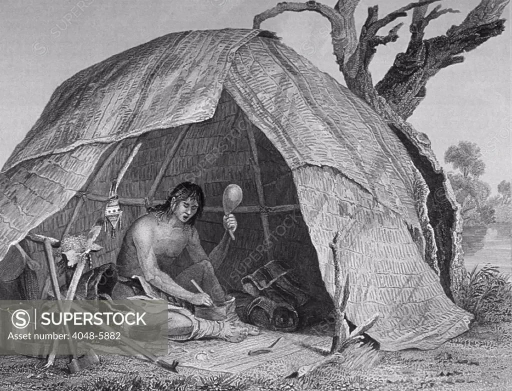 'Indian Doctor Concocting a Pot of Medicine,' by Seth Eastman, shows a medicine-man is sitting in a wigwam preparing medicine while shaking a gourd rattle and chanting an invocation. 1855.