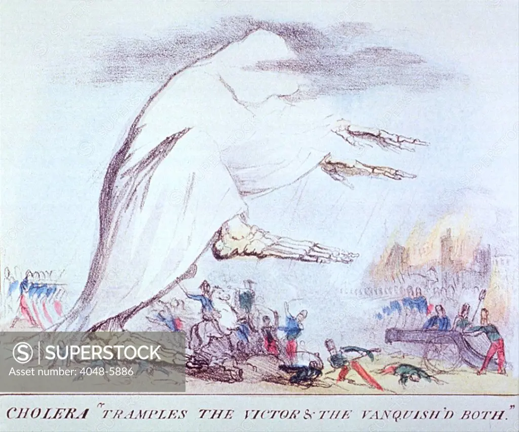 CHOLERA TRAMPLES THE VICTORS & THE VANQUISHED BOTH, by Robert Seymour, 1831, was published during the second European cholera pandemic outbreak in England. The disease progressed from India through Russia, Hungary, and Germany before arriving in England (1831) and Paris (1832), then to North American (1834).