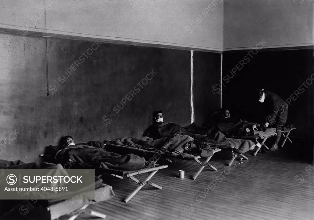 Influenza ward at the U. S. Army Field Hospital in Hollerich, Luxembourg during the Spanish Flu epidemic of 1918-19.