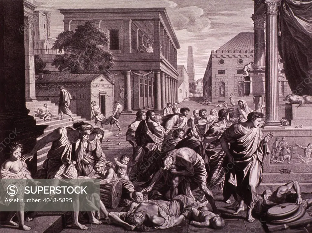 THE PLAGUE OF ASHDOD or EPIDEMIC AMONG THE PHILISTINES. The Old Testament scene shows God's destruction of the temple and idol of Dagon, the Semitic god of agriculture, and the death of the Philistines by plague. Engraving by Picart after Poussin painting of 1660.