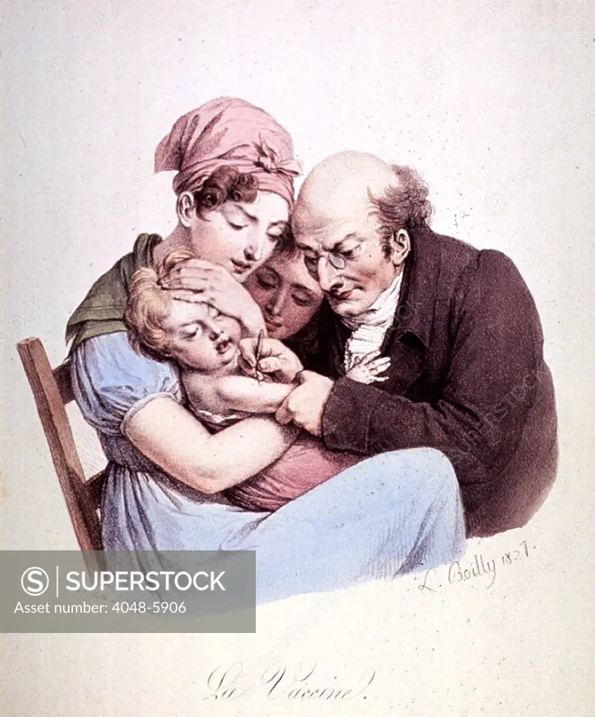 A physician inoculating a young child against smallpox while held in the arms of its mother. 1827 print by Louis Leopold Boilly.