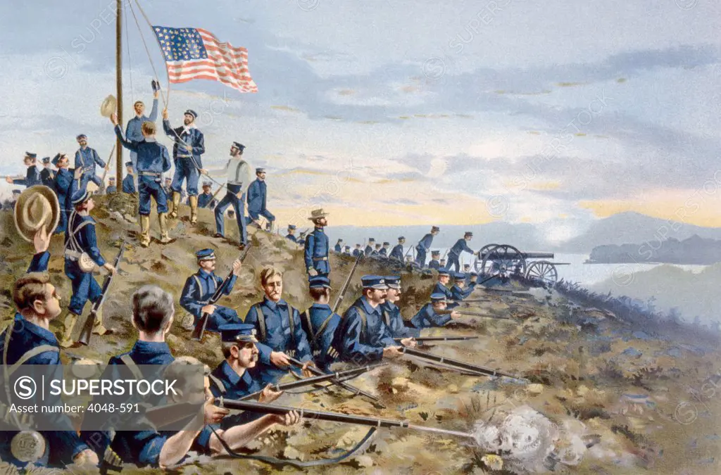 The Spanish American War, first hoisting of the American flag by U.S. marines on Cuban soil, June 11, 1898