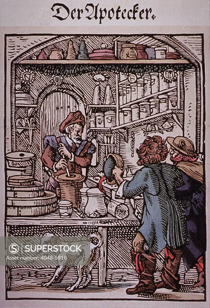 The Apothecary.  Two men approach a pharmacy as the druggist makes medications. 16th century German woodcut by Jost Amman.