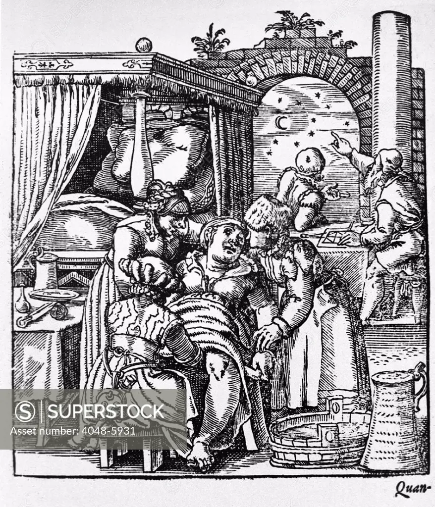 Two midwives comfort a woman sitting in a birthing chair while a third midwife delivers the baby; while in the background two men are consulting astrological charts and the stars. Engraving from Swiss physician, Jakob Rueff's, THE CONCEPTION AND GROWTH OF MAN, 1580.