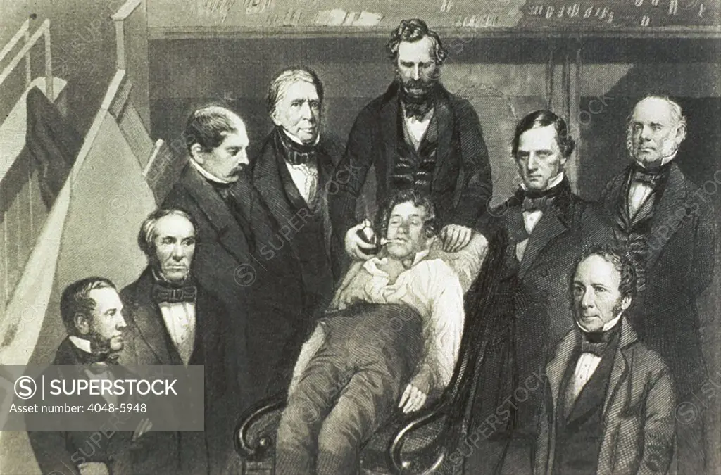 Dr. William T.G. Morton administering ether to a patient, Gilbert Abbott, who will undergo surgery for a tumor in the neck at Massachusetts General Hospital on October 16, 1846.