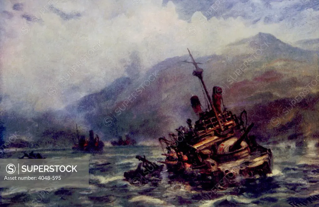 The Spanish American War, the Spanish fleet sunk off the shore of Cuba, painting by Robert Hopkin, 1898