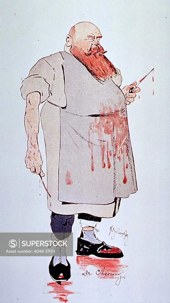 Caricature of a surgeon holding instruments and  wearing blood splattered apron and shoes. In the second half of the 19th century anesthesia allowed more invasive and frightening surgeries. 1906 by Fritz Schonpflug.