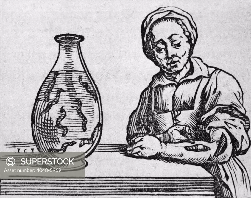 Woman applying a medicinal leech to her forearm, woodcut from a 1639 treatise by Belgian, Joannis Mommarti. Until the 20th century, Leeching was used to draw blood from the body, in a treatment similar to bloodletting.