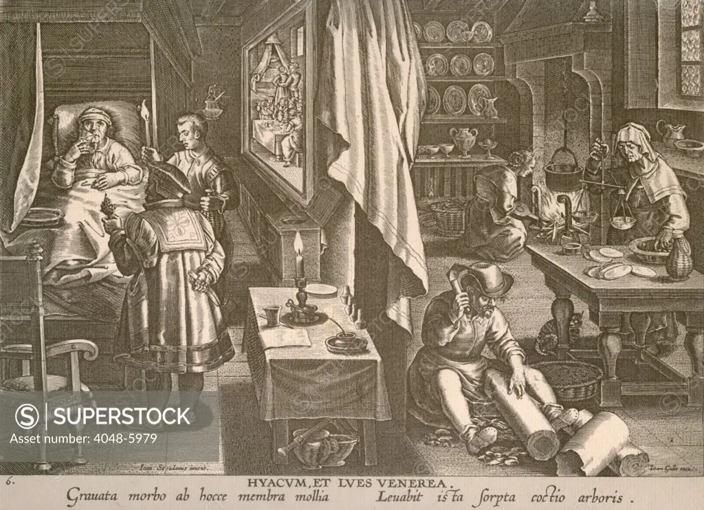 A multi-scene engraving shows the treatment of a European syphilis patient, who drinks  Guayaco, a medicine made from wood of the Guaiacum tree (being prepared and cooked on right). At left center is a brothel scene that was the source of the sexually transmitted disease. Ca. 1570.