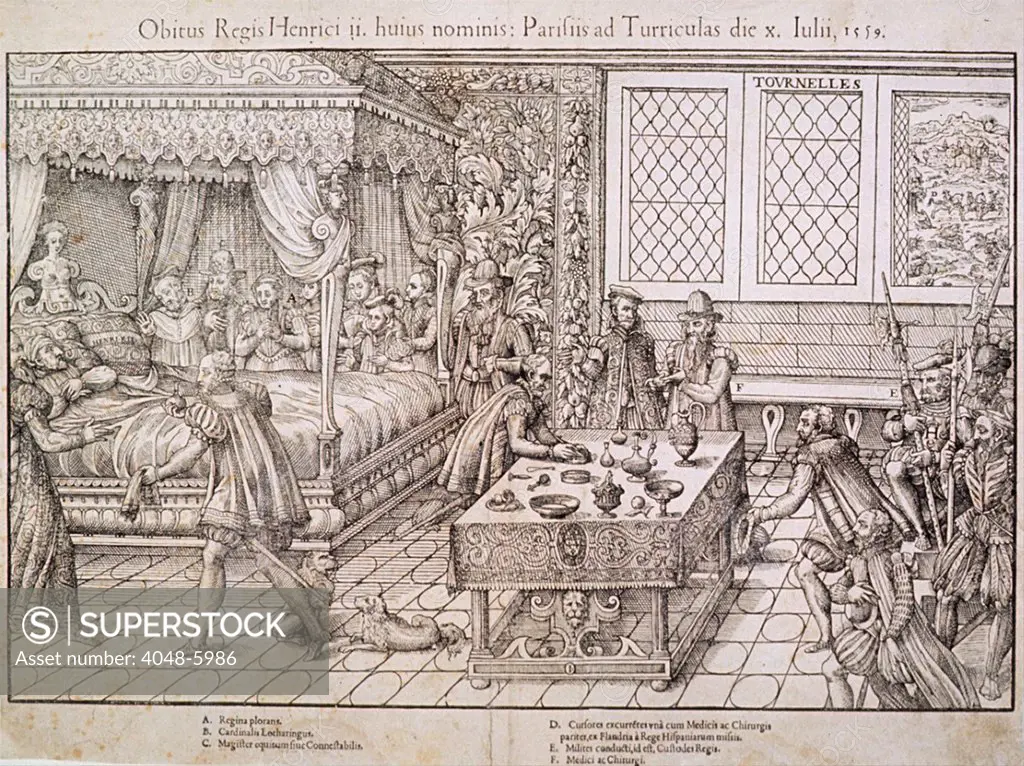 Henry II of France lies in bed surrounded by attendants after he was wounded while jousting during the celebration daughter's marriage to King Philip II of Spain. King Henry's eye and brain was eye were pierced by a sliver from the shattered lance.  His surgeons, including Ambroise Pare, were unable to save the King's life. July 1, 1559.