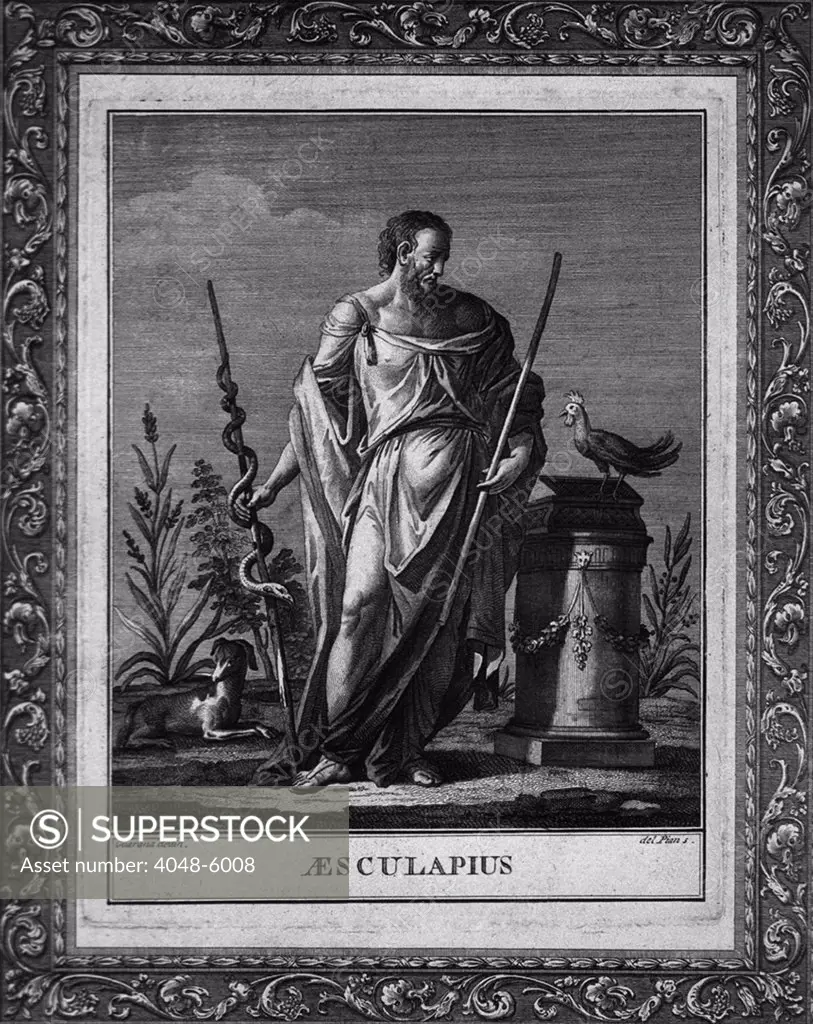 Aesculapius, Greek god of medicine with wearing Grecian robes, and holding a staff with coiled serpent. Homer mentions him as a skillful physician in the ILIAD. By the 6th century B.C. he had become a Greek god, and his cult spread to Rome in the 3rd century B.C.