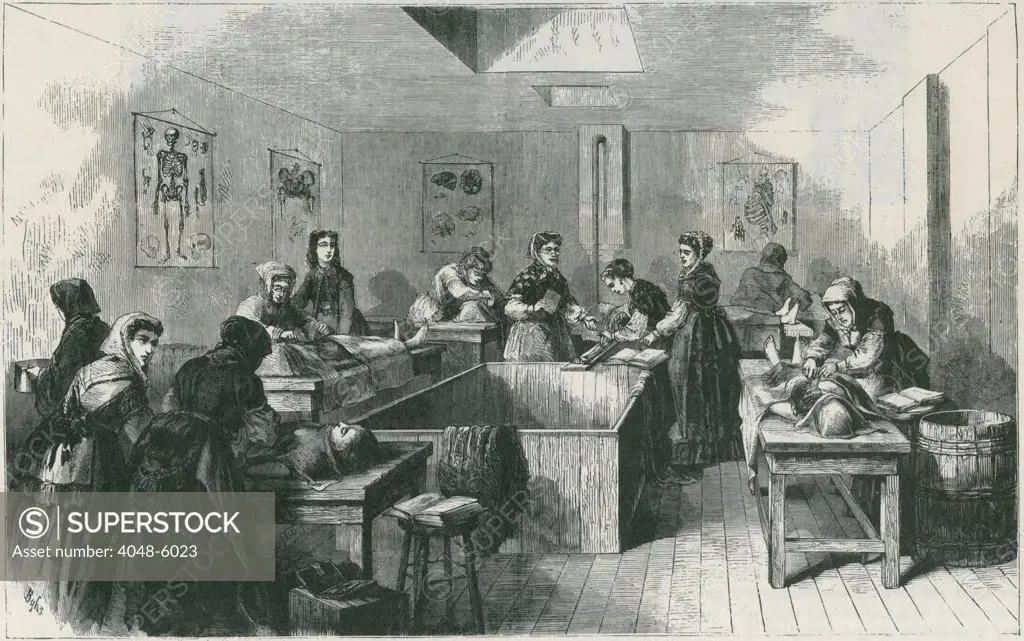 Women medical students dissecting cadavers at the Medicine College for Women in 1870. The New York medical college was founded by Elizabeth Blackwell and her physician sister, Emily, in 1868. Wood engraving from Frank Leslie's Illustrated Newspaper, April 1870.