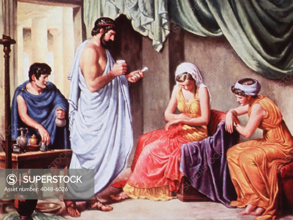 Galen (131-201 A.D.), Greco-Roman physician administering a medicinal compound, and a woman rubbing the mixture on her arm. 20th century illustration by Robert Thom.