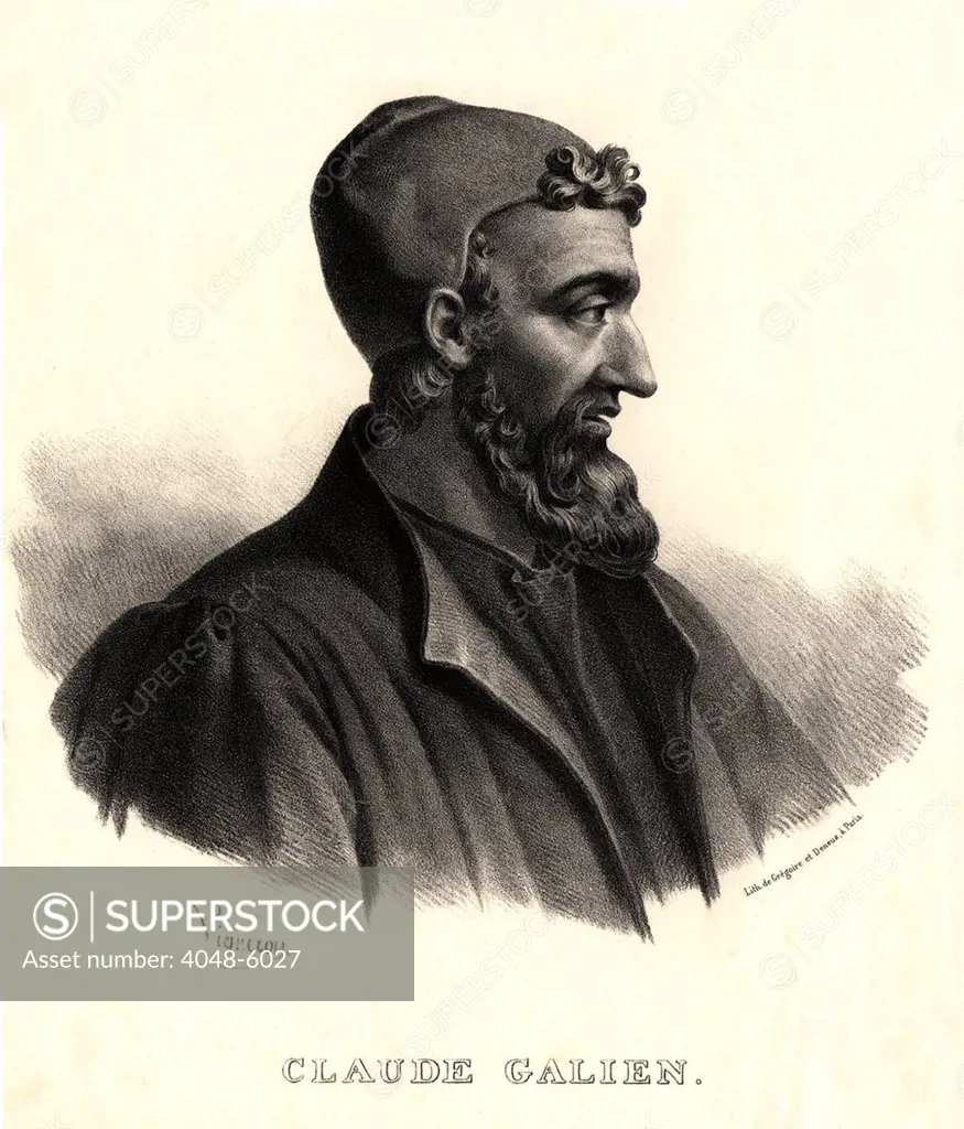 Galen (131-201 A.D.), Greek born Roman physician, was the authority on European medieval medical practice. His theory of the four humors linked medicine to astrology. Lithography by Pierre Vigneron, Paris, ca. 1865.