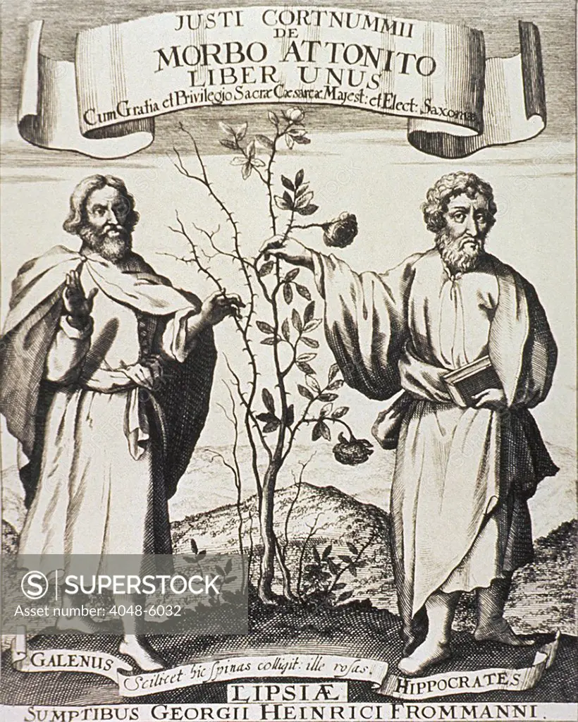 Hippocrates (on right) and Galen. Where Hippocrates touches the rosebush it flowers, whereas Galen's side is nothing but thorns. By the 17th century, the more empirically oriented Hippocrates was regarded as superior to the more theoretical Galen. Engraving from a 1677 German print in DE MORBO ATTONITO LIBER UNUS, by Justus Cortnumm.