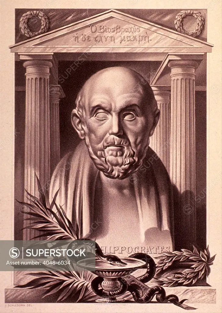 Hippocrates (460-375 BC). 20th century lithograph by Julius Schledorn.