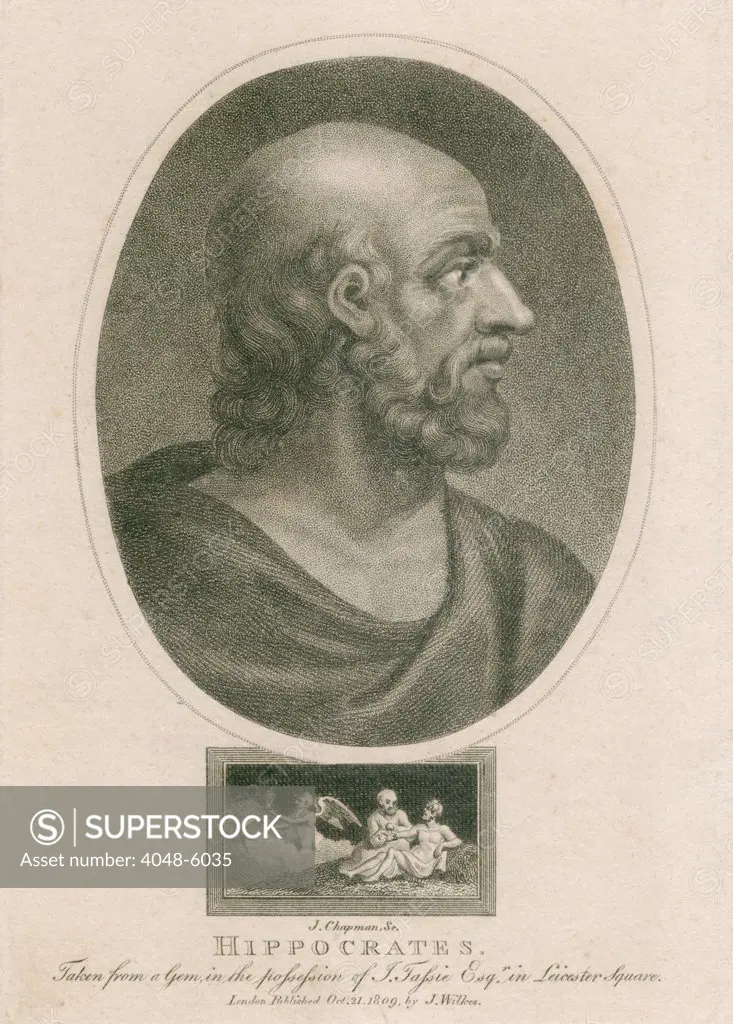Hippocrates (460-375 BC). Engraving from a ancient gemstone. Ca. 1800 by J. Chapman.