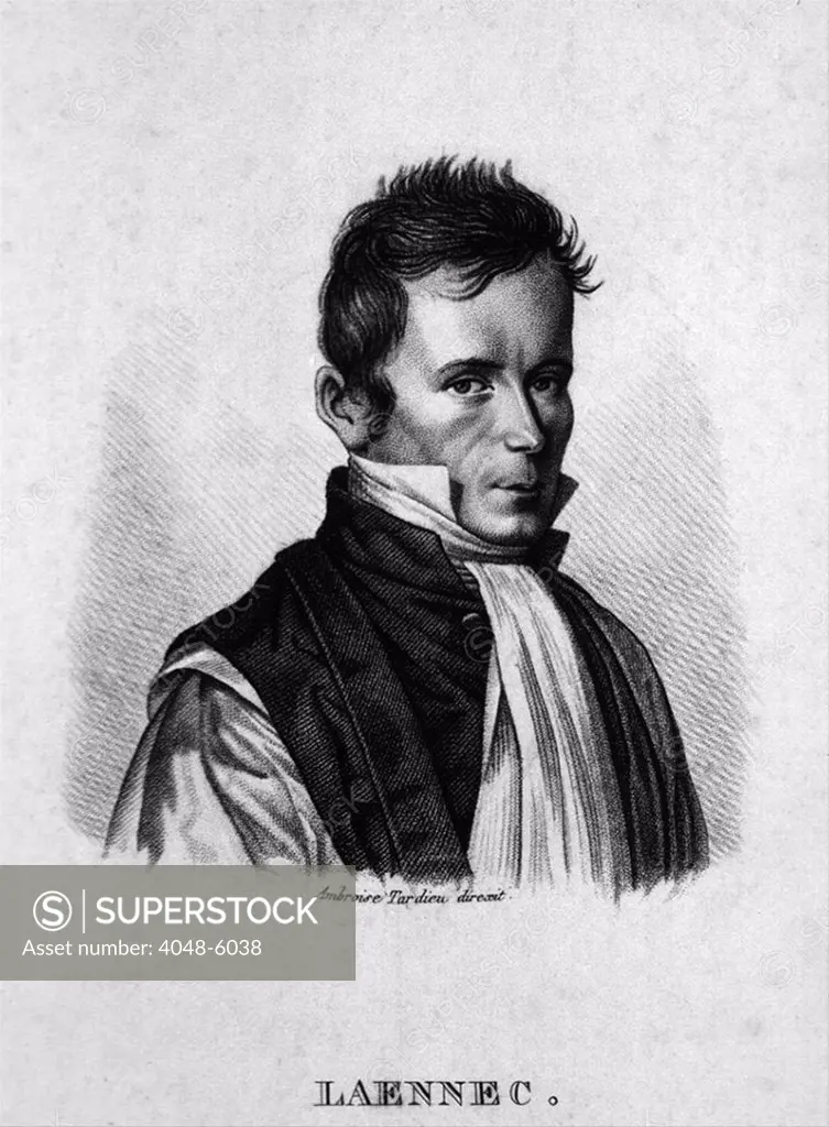 Rene Laennec (1781-1826), French physician and inventor of the stethoscope. He developed methods of medical diagnosis from heart and lung sounds heard through the stethoscope. Portrait lithograph by Ambroise Tardieu, ca. 1820.