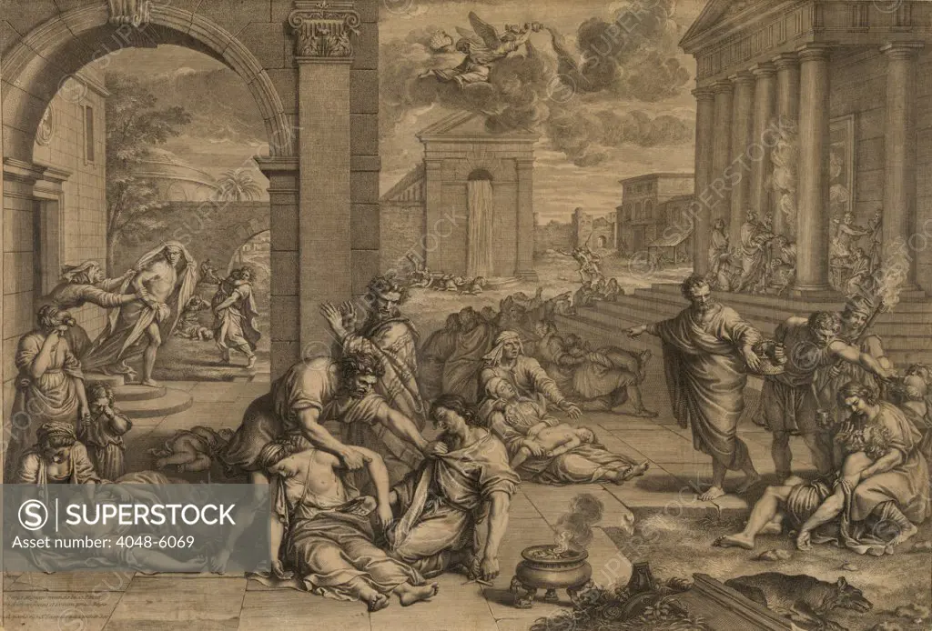 A flying angel spreads God's destruction over classical setting. In the foreground among the dying people and animals is a small furnace used in Europe to cleanse the air of disease vapors. 17th century Europe was still experiencing periodic bubonic plague epidemics when this engraving was made.