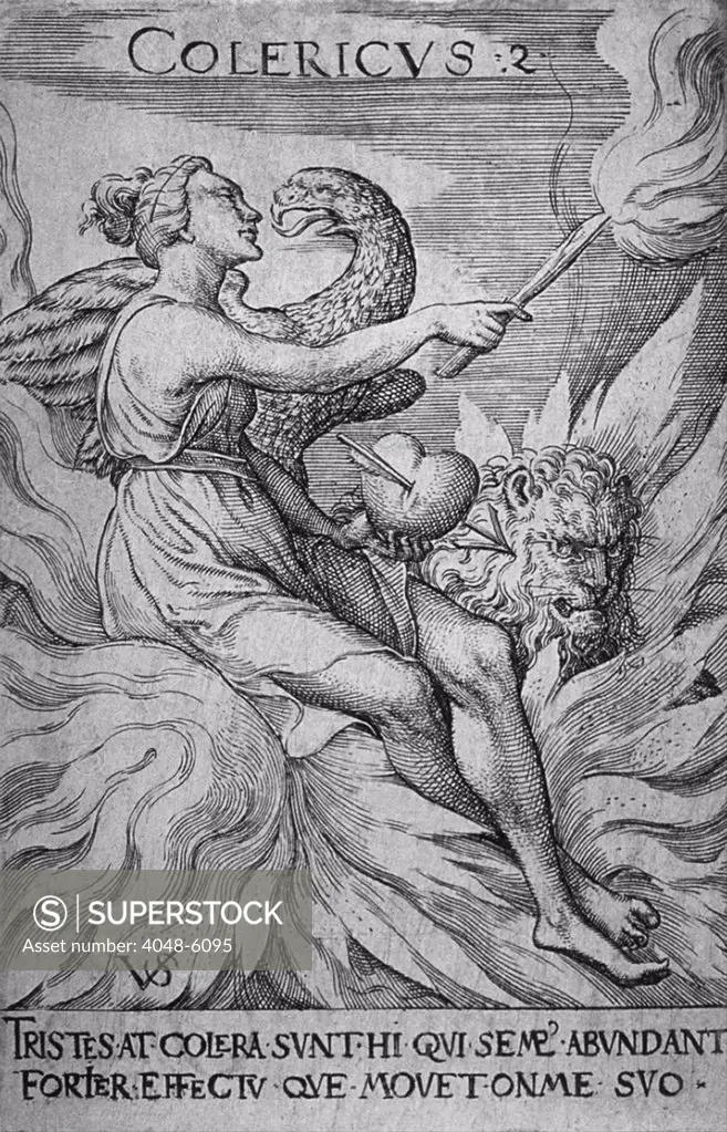 The Choleric personality was impatient and thought to be caused by the dominance of the humor black bile. It is personified by a young woman, with and eagle and a lion, is surrounded by flames. She holds a torch and a heart pierced by an arrow. Engraving by Virgil Solis (German, 1514-1562).