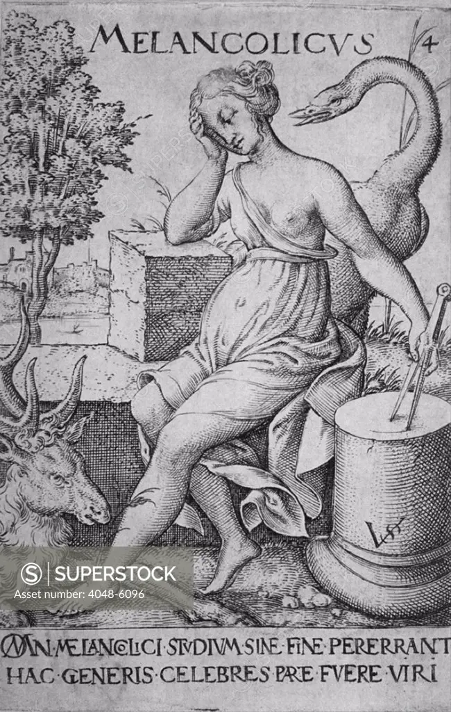 The Melancholic personality was depressed and thought to be caused by the dominance of the humor yellow bile. It is personified by young woman, with one breast bared, sitting listlessly on a stone bench, drawing a circle with a compass on a marble column. Engraving by Virgil Solis (German, 1514-1562).