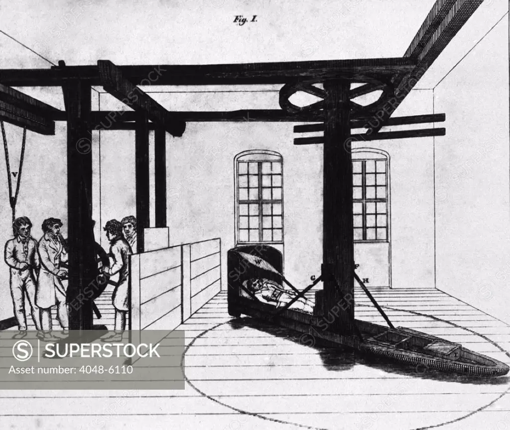 Mental patient being treated in a centrifugal force bed at a German charity hospital in the early 19th century. Lithograph from the Journal of Mental Doctors, 1818-1822.
