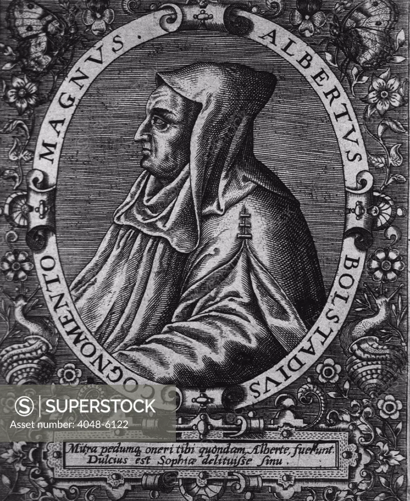 Saint Albertus Magnus (1193-1280), German bishop and philosopher, advocated the study of nature as a legitimate path to knowledge complementing that of faith and religious authority. Line engraving by Theoldore de Bry, 1597.