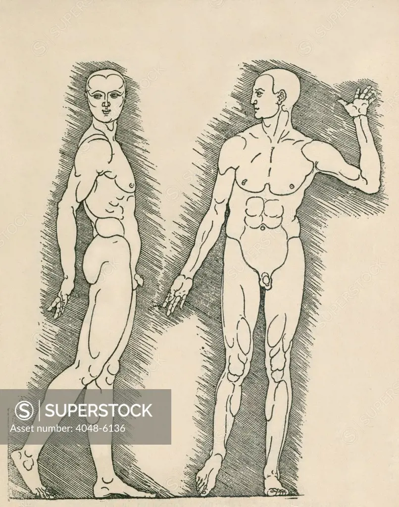 Plate from Albrecht Durer's, VIER BUCHER VON MENSCHLICHER PROPORTION (Four Books on Human Proportion). Durer applied the science of human anatomical proportions to aesthetics. 1528 engraving.