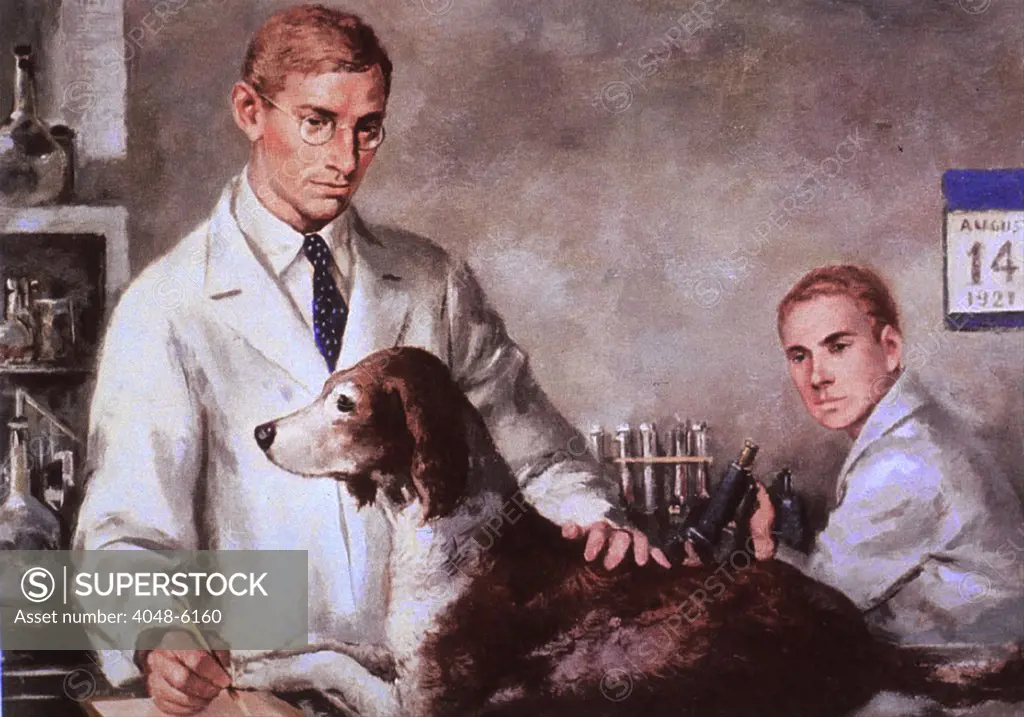 Frederick Banting and Charles Best, with a diabetic dog they kept alive through injections of the hormone insulin. The two were the first to isolate insulin in the pancreas, making its collection possible to treat diabetes. They are pictured in the University of Toronto laboratories of Scottish physiologist, J.J.R. Macleod, who would share the 1923 Nobel Prize with Banting.
