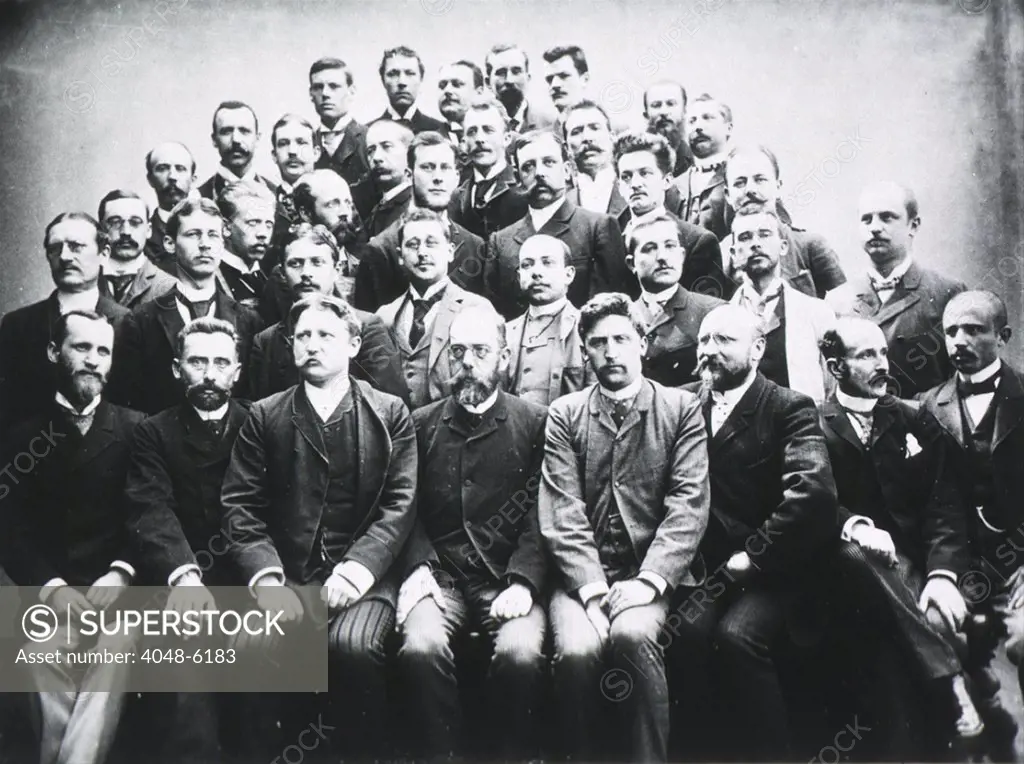 Robert Koch (1843-1910), photographed with the first post graduate course given in Bacteriology in Berlin, 1891.