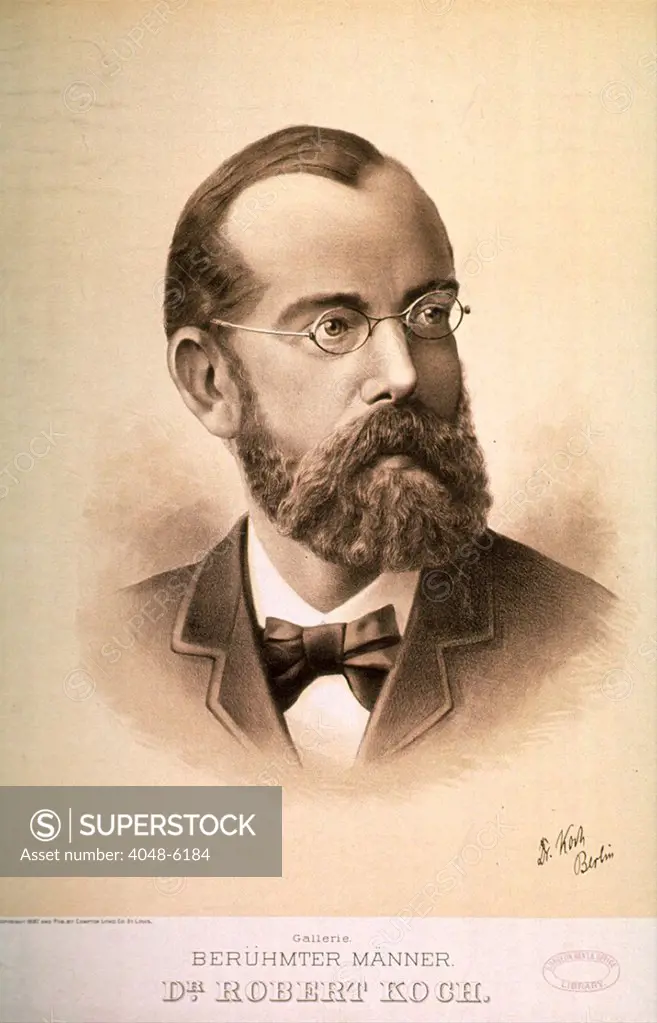 Robert Koch (1843-1910), German physician, who with Louis Pasteur, founded the modern science of bacteriology. He received the Nobel Prize for Physiology or Medicine in 1905 for his work on tuberculosis. 1887 portrait.