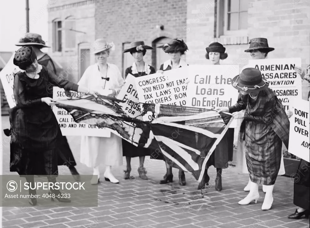 A group of Irish-American women tearing up a British flag, as they protest against United States support of the English against the Irish Independence. Washington, D.C., June 3, 1920