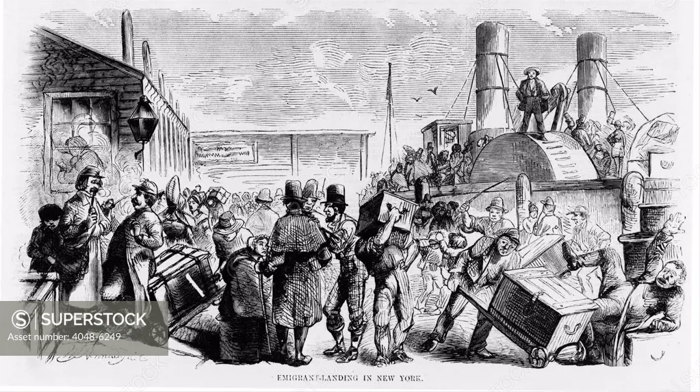 European immigrants arriving at New York City's Castle Garden, America's first official immigration center in 1858. From 1855, until it was replaced by Ellis Island in 1890, Castle Garden sheltered newly arrived immigrants from exploitation and quarantined sick immigrants.