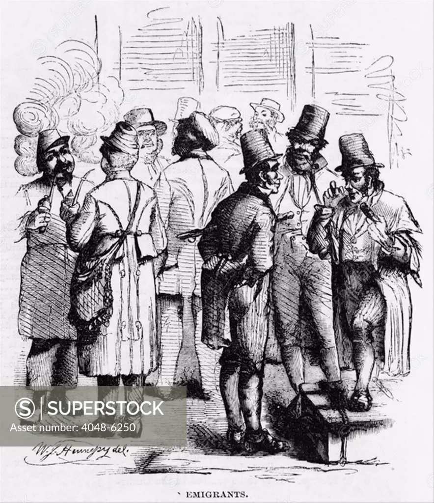 European immigrants arriving at New York City's Castle Garden in 1858. German immigrants smoke their distinctively shaped pipe (at left) and Irish immigrants (right) wear their high hats and knee britches.