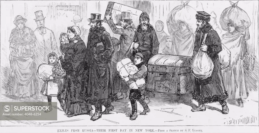 Jewish refugees from Russia with their belongings, in arriving in New York City with their trunks and bundles. Anti-Jewish riots swept through south-western Russia (present-day Ukraine and Poland) in 1881-1884, beginning a thirty year mass migration Eastern European Jews to North America.