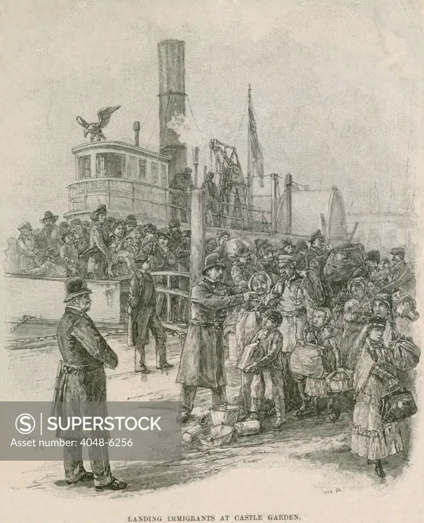 Immigrants leaving a sternwheeler at New York City's Castle Garden in 1884 under police supervision. They may have waited at anchor in the New York harbor for a few days while immigration officials inspected ships and gathered passenger information.
